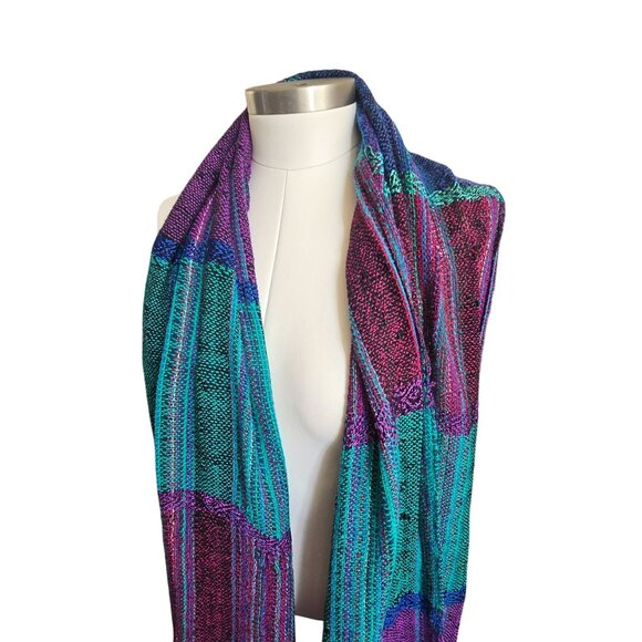 Handwoven Striped Scarf With Fringe Vibrant Purple Teal & Pink Stylish CM2003 - Picture 3 of 4